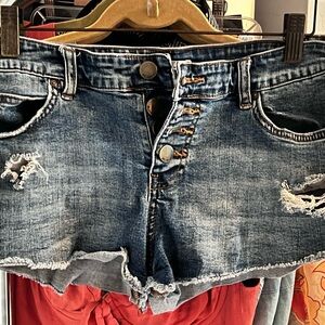 Distressed High-Waist Denim Shorts - Blue
